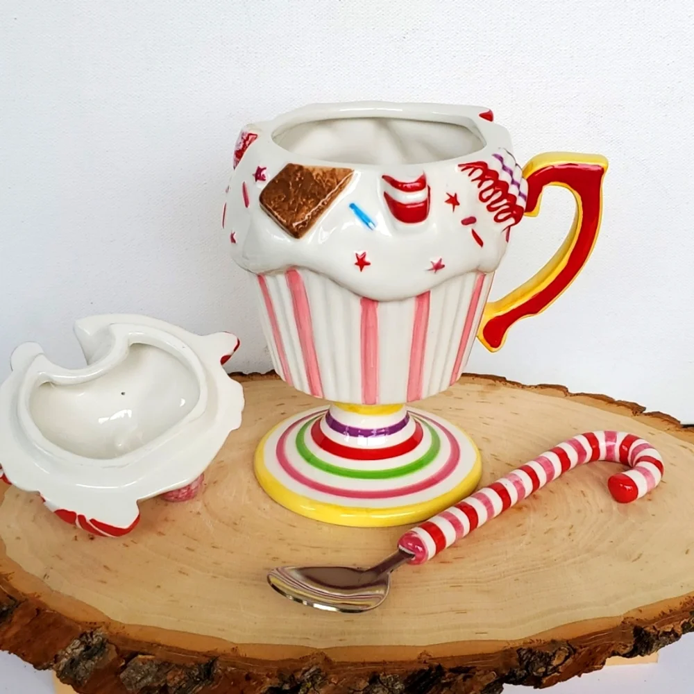 Anthropologie Gliterville Fancy Ceramic Ice Cream/Pudding Dish with Lid & Spoon